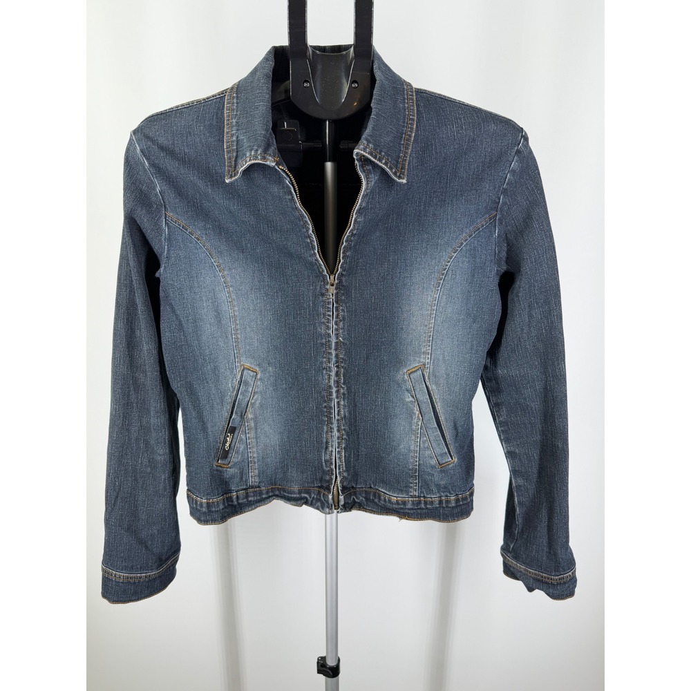 Clash Jeans USA Womens Denim Jacket Dark Wash Zip Front‎ Stretch Blue Size L